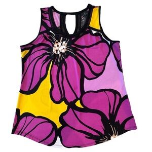 Worthington Size M Purple-Yellow-Black Sleeveless Top w/Black Mesh Trim